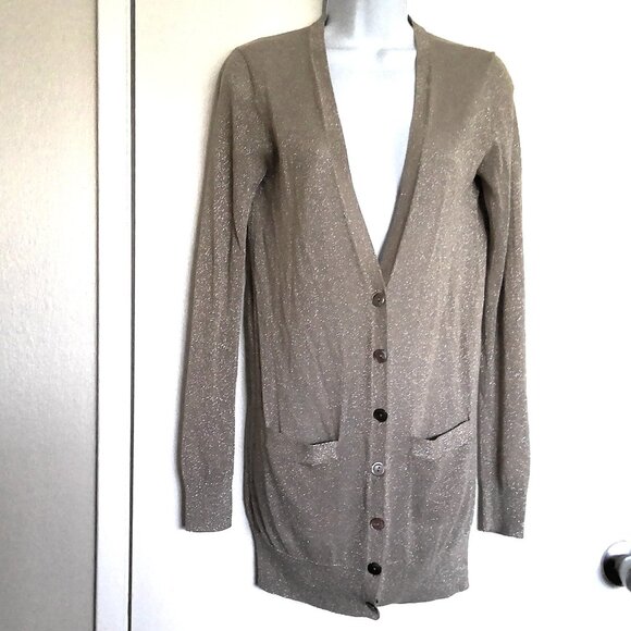 Ann Taylor Cardigan Sweater Champagne Gold Sparkle Pockets MOP Buttons EUC Sz XS - Picture 1 of 4